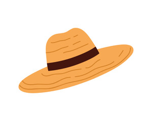 Wide brim straw sun hat with brown band isolated on white background vector illustration