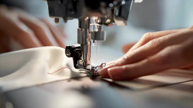 Focus on hands adjusting machine settings as the needle swiftly creates smooth satin stitches demonstrating expert control over elegant stitch variations.