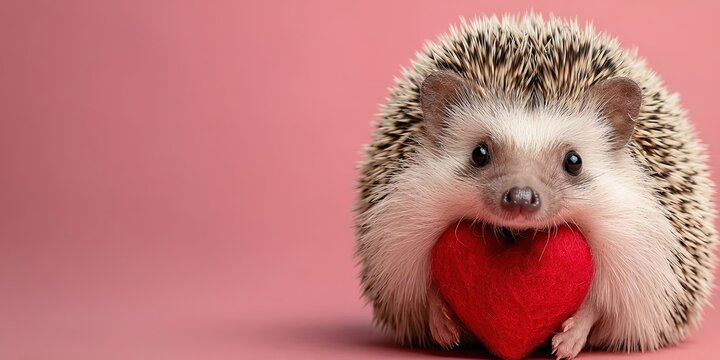 Adorable Hedgehog Holding Red Heart on Soft Pink Background for Valentine’s Day - Powered by Adobe
