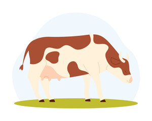Brown and white dairy cow standing on grass, isolated for biogas production concept vector illustration