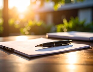White blank paper mock up and a pen on a table