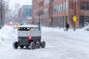 A delivery robot moves through a snow-covered street in a busy urban area, showcasing modern technology tackling winter conditions while people pass by