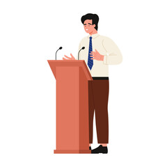Confident male professional giving a speech at a conference podium on isolated white background vector illustration