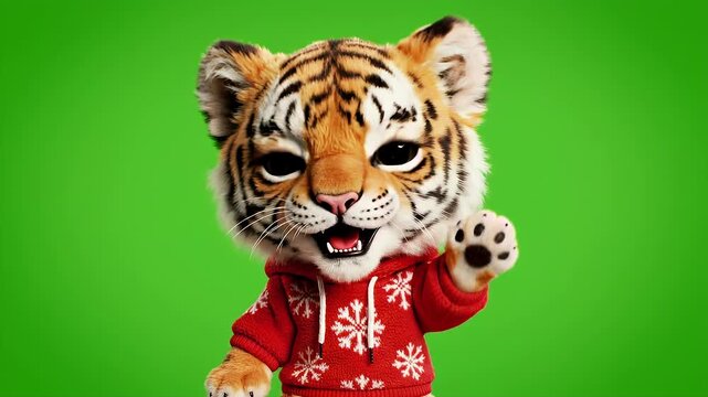Cute Animated Tiger Cub Waving in a Festive Christmas Sweater.