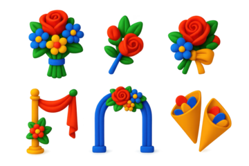 3D Wedding Icon Set. 3D icon set of wedding flower arrangements: bridal bouquet, boutonniere, corsage, aisle decor, arch flowers,