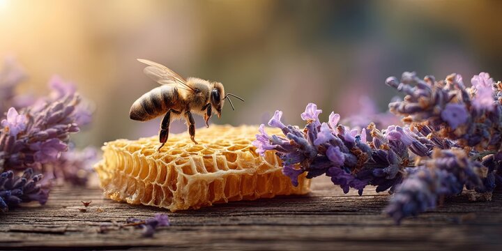 Bee Hovering Over Honeycomb with Lavender on Rustic Table in Sunlight