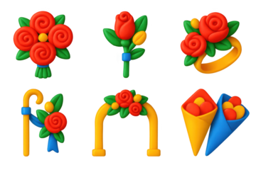 Set of six flowery images, including a bouquet, a wedding arch, and a ring