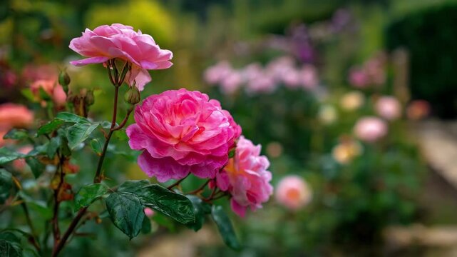Shot focusing on diseaseresistant roses in a landscaped border illustrating strong growth and bright petals undeterred by typical fungal threats.