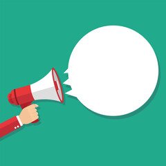 Hand holding megaphone announcement vector with blank white speech bubble