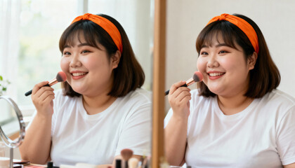 Happy plus-size asian woman applying makeup with a brush. Smiling young female putting on blush while looking in the mirror. Body positivity and daily beauty routine concept