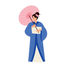 Isolated Japanese woman wearing blue kimono holding pink umbrella on white background vector illustration