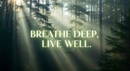 Sun rays streaming through the trees in a forest, creating a serene and peaceful atmosphere, breathe deep, live well, motivational quote