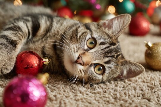 A playful tabby cat is lying on a cozy carpet, curiously inspecting shiny holiday ornaments. Bright lights and festive colors add to the cheerful scene