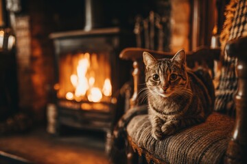 A striped cat relaxes on a vintage chair near a glowing fireplace. The warm light creates a peaceful atmosphere in the rustic space, perfect for a cozy evening