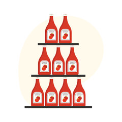 Multiple tomato ketchup bottles arranged on a store shelf, clean isolated white background vector illustration
