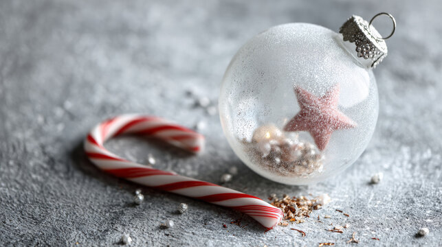 Christmas ornament featuring a pink glitter star inside a clear bauble. Resting on a textured gray background with a traditional red and white candy cane and silver sprinkles