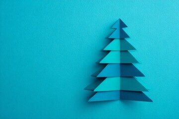 A creative paper tree made of layered blue shades is displayed against a vibrant turquoise backdrop. This decorative piece captures holiday spirit and artistic flair
