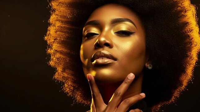 Glamorous portrait of an african woman with golden makeup and afro hair