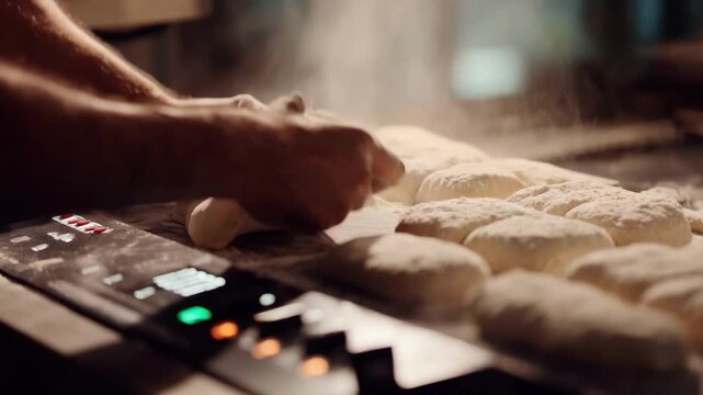 Medium shot of a machine shaping croissant dough with adjustable size settings visible on the control panel for customizable pastry dimensions.