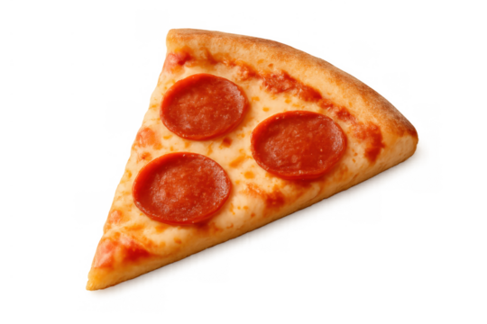 Pepperoni pizza slice flat lay with red meat topping and melted mozzarella cheese, fresh baked fast food meal