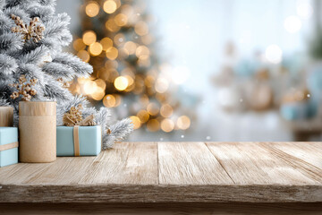 Elegant winter scene with frosted pine, pastel gifts, and blurred lights behind rustic wood planks.Ideal for Christmas promos, packaging previews, or cozy holiday posts.