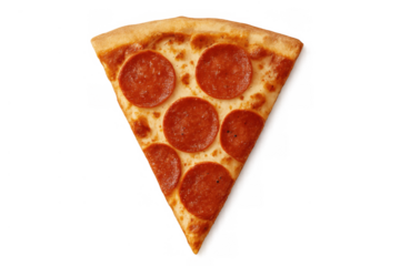 Pepperoni pizza slice with melted cheese and red sauce isolated on transparent background, fast food meal concept