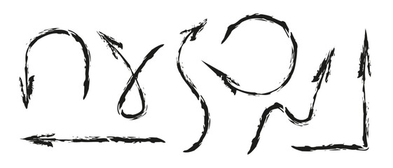 Grunge texture arrow set. Hand drawn simple brush stroke navigation symbol. Various direction sign vector illustration