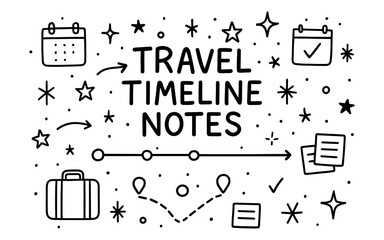 Travel planner timeline with doodle style icons and elements