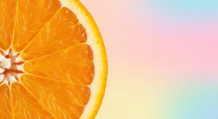 Vibrant orange slice displaying juicy segments against pastel gradient backdrop