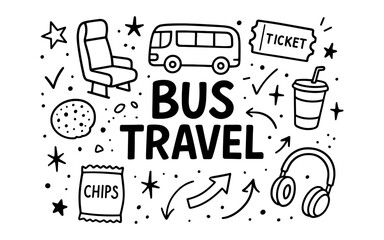 Bus travel doodle elements: seat, bus, ticket, snack, headphones, and drink sketches