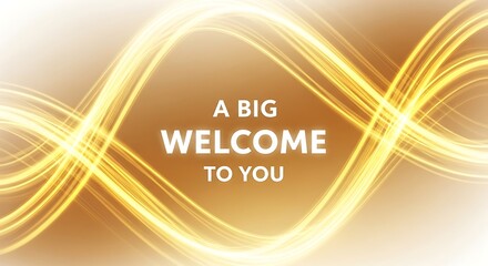 A big welcome message on a golden abstract background with light trails, perfect for greeting cards, banners, or website headers to convey warmth and positivity