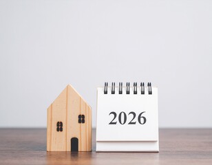 Wooden house model and calendar showing the year 2026 on a wooden table.