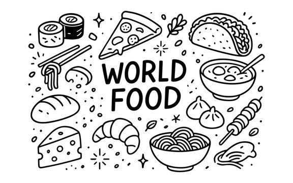 Doodle style world food icons featuring pizza, sushi, tacos, and more