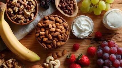 A Nutritious Array: An overhead view showcases an assortment of fresh fruits, nuts, and yogurt in a wooden surface, highlighting the balance between delicious and healthful eating.