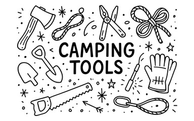 Hand drawn monochrome camping tools icons with rope and axe