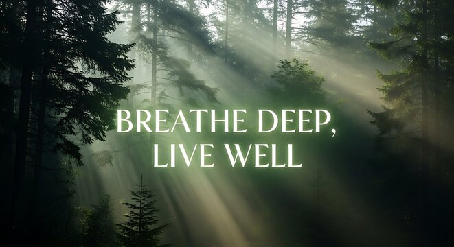 Sunlight streams through the trees in a forest, creating a serene and peaceful atmosphere with the motivational quote breathe deep, live well