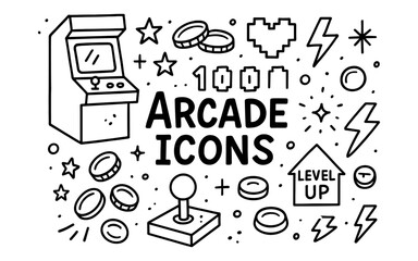 Retro arcade icon set featuring classic game elements and symbols