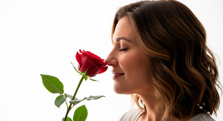 Grateful Woman Smelling a Single Red Rose She Received on a White Background