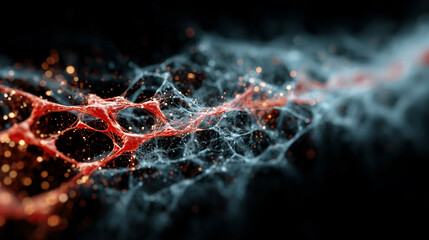 Futuristic big data and AI visualization showing complex neural network flows, machine learning patterns, and dynamic information streams in glowing 3D cyberspace.