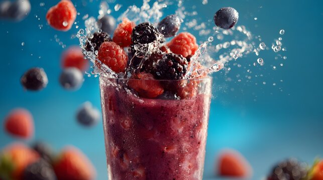 Berry Burst: Refreshing smoothie bursting with mixed berries and a splash of water, creating a vibrant display of flavor and freshness.