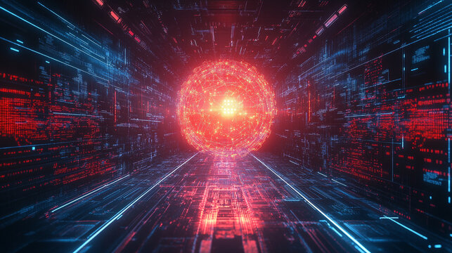 Futuristic big data and AI visualization showing complex neural network flows, machine learning patterns, and dynamic information streams in glowing 3D cyberspace.