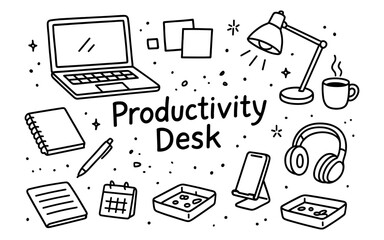 Organized workspace doodle: productivity essentials and office supplies