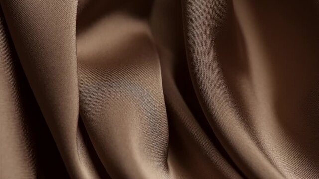 Chocolate brown color silk background, texture of beautiful dark chocolate satin fabric close-up. Abstract smooth backdrop. Rotating, slow motion 