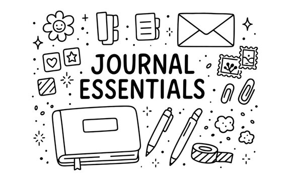 Black and white doodle of journaling items with pens and envelopes
