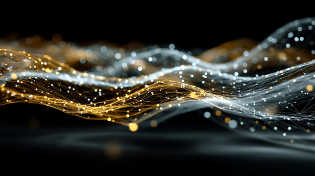 Futuristic big data and AI visualization showing complex neural network flows, machine learning patterns, and dynamic information streams in glowing 3D cyberspace.