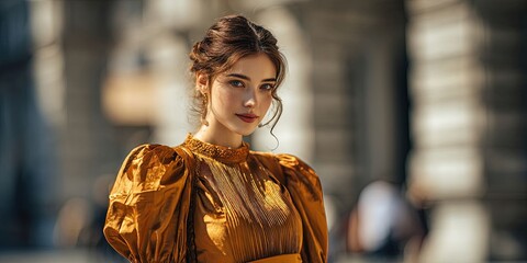 Fototapeta premium Elegant Young Woman in Stylish Golden Bronze Fashion