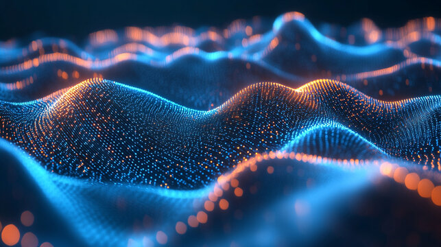 Futuristic big data and AI visualization showing complex neural network flows, machine learning patterns, and dynamic information streams in glowing 3D cyberspace.