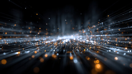 Futuristic big data and AI visualization showing complex neural network flows, machine learning patterns, and dynamic information streams in glowing 3D cyberspace.