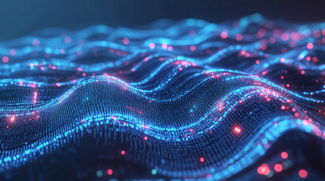 Futuristic big data and AI visualization showing complex neural network flows, machine learning patterns, and dynamic information streams in glowing 3D cyberspace.