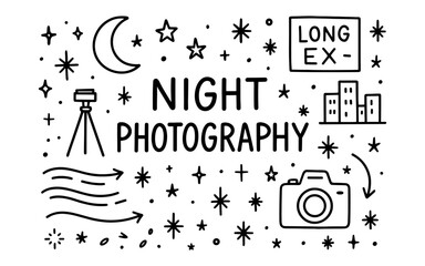 Doodle art of night photography icons with moon, stars, and camera elements